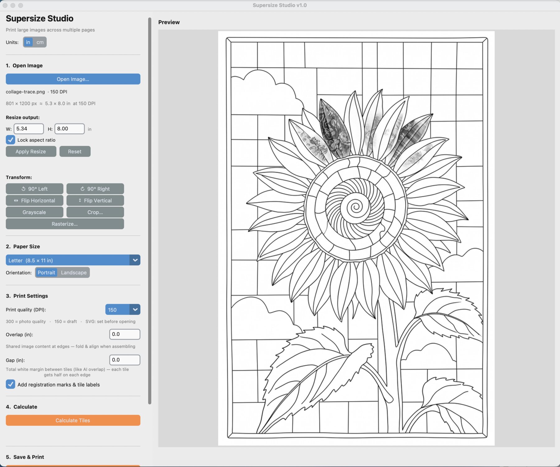 The SuperSize Studio app previewing a tiled sunflower pattern ready to print and assemble