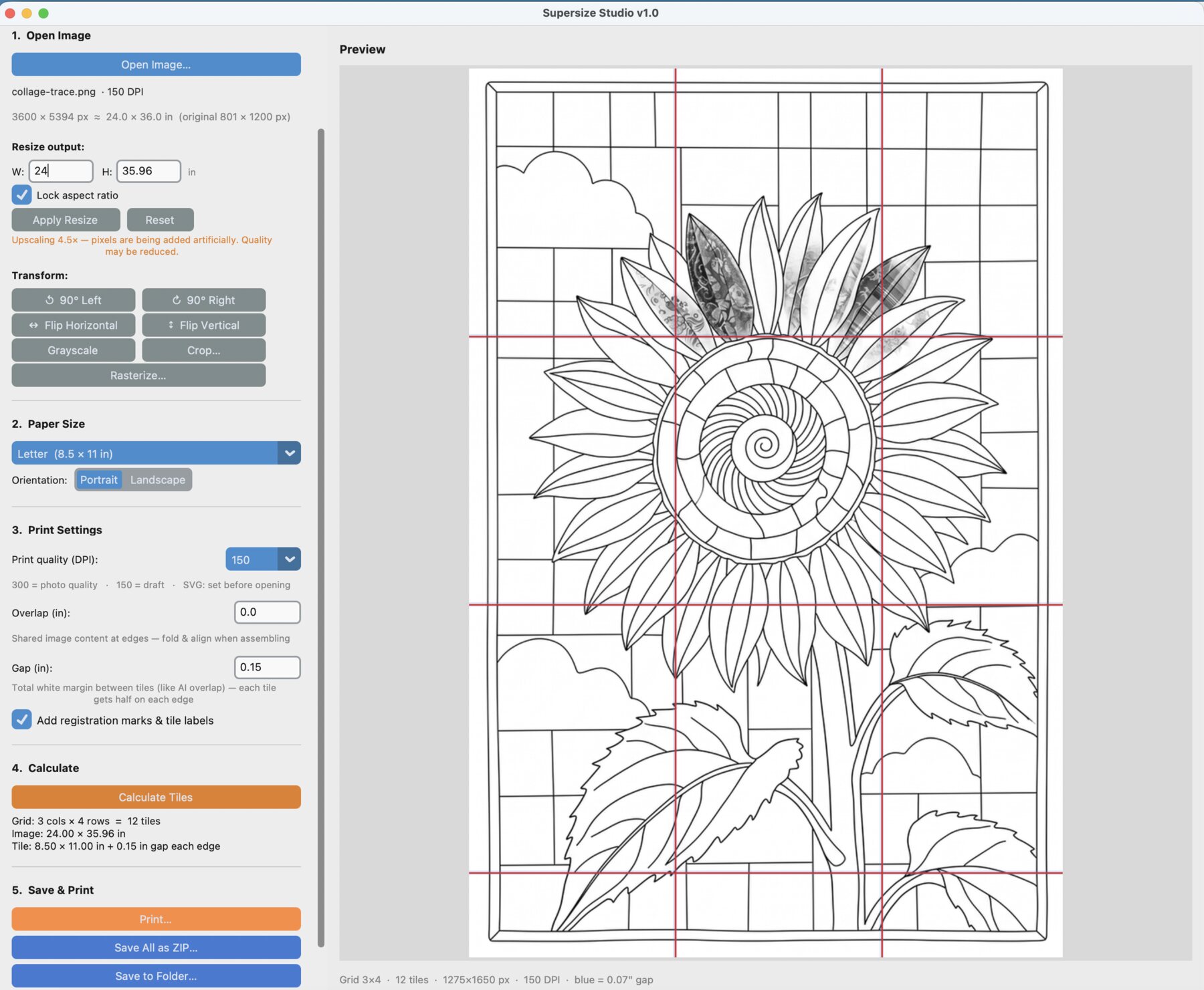 SuperSize Studio splitting a sunflower pattern across a grid of letter-size pages with registration marks
